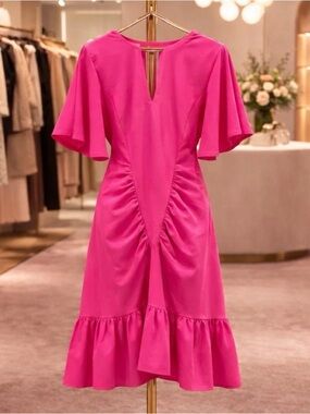 Le Superbe Hot Pink Waikiki Dress Size 8 NWT Flutter Sleeve Ruffle Hem Mini